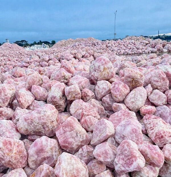 Piles of rose quartz boulders that have been mined in Brazil